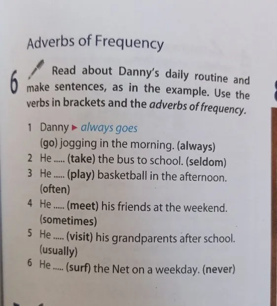 Read about Danny's daily routine and make sentences, as in the example. Use the verbs in brackets and the adverbs of frequency.