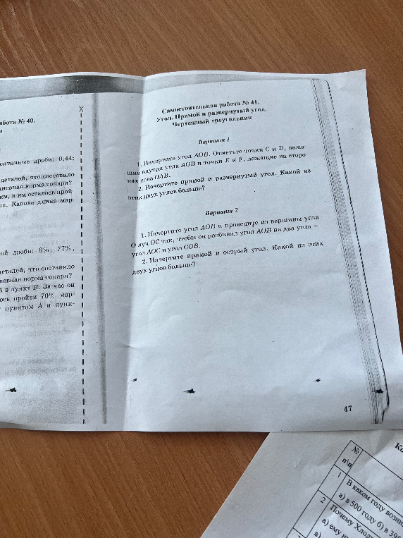 Самостоятельная работа № 41. Углы. Прямой и развернутый угол.