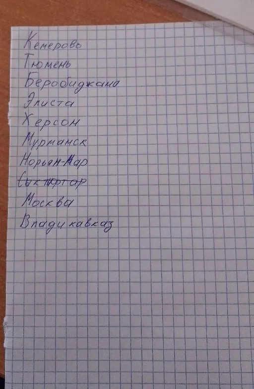 Кемерово Тюмень Беробиджан Элиста Херсон Мурманск Норьян-Мар Сыктывкар Москва Владикавказ