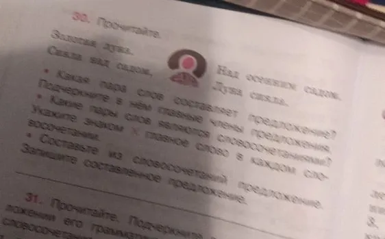 30. Прочитайте. Золотая луна. Сияла над садом, над осенним садом. Луна сияла. Какая пара слов составляет предложение? Подчеркните в нём главные члены предложения. Какие пары слов являются словосочетаниями? Укажите знаком X главное слово в каждом словосочетании. Составьте из словосочетаний предложение. Запишите составленное предложение.