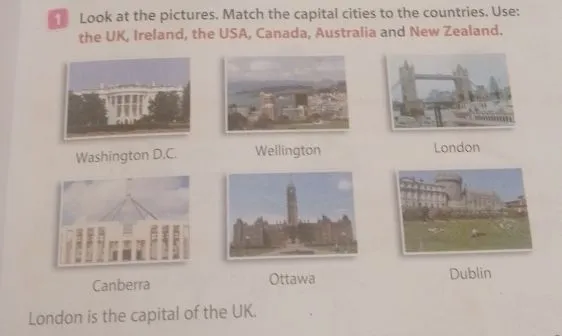 Look at the pictures. Match the capital cities to the countries. Use: the UK, Ireland, the USA, Canada, Australia and New Zealand.