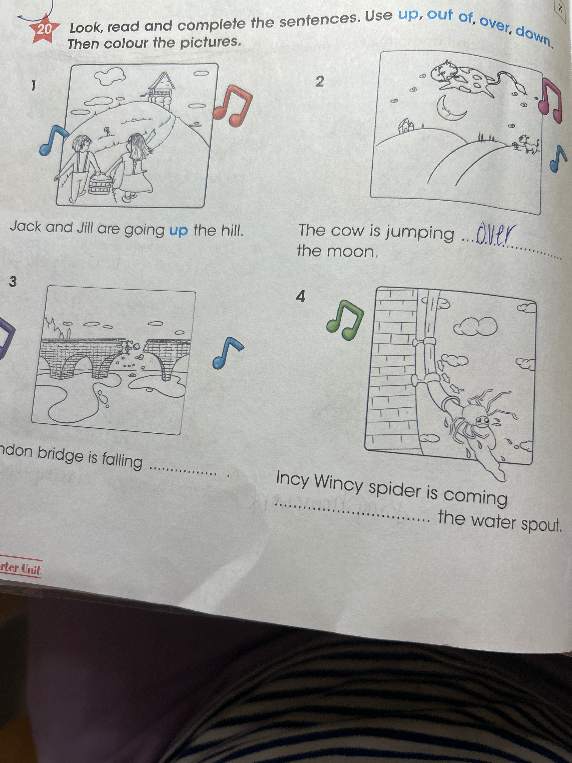 Look, read and complete the sentences. Use up, out of, over, down.