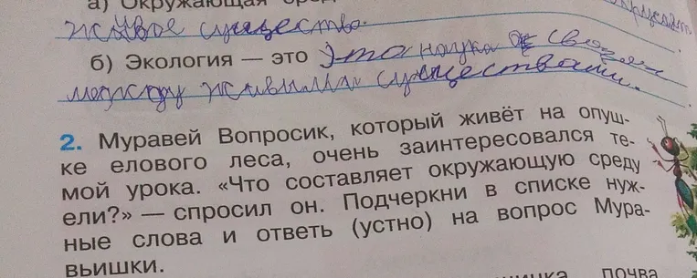 Муравей Вопросик, который живёт на опушке елового леса, очень заинтересовался темой урока. «Что составляет окружающую среду?» — спросил он. Подчеркни в списке нужные слова и ответь (устно) на вопрос Муравейки.