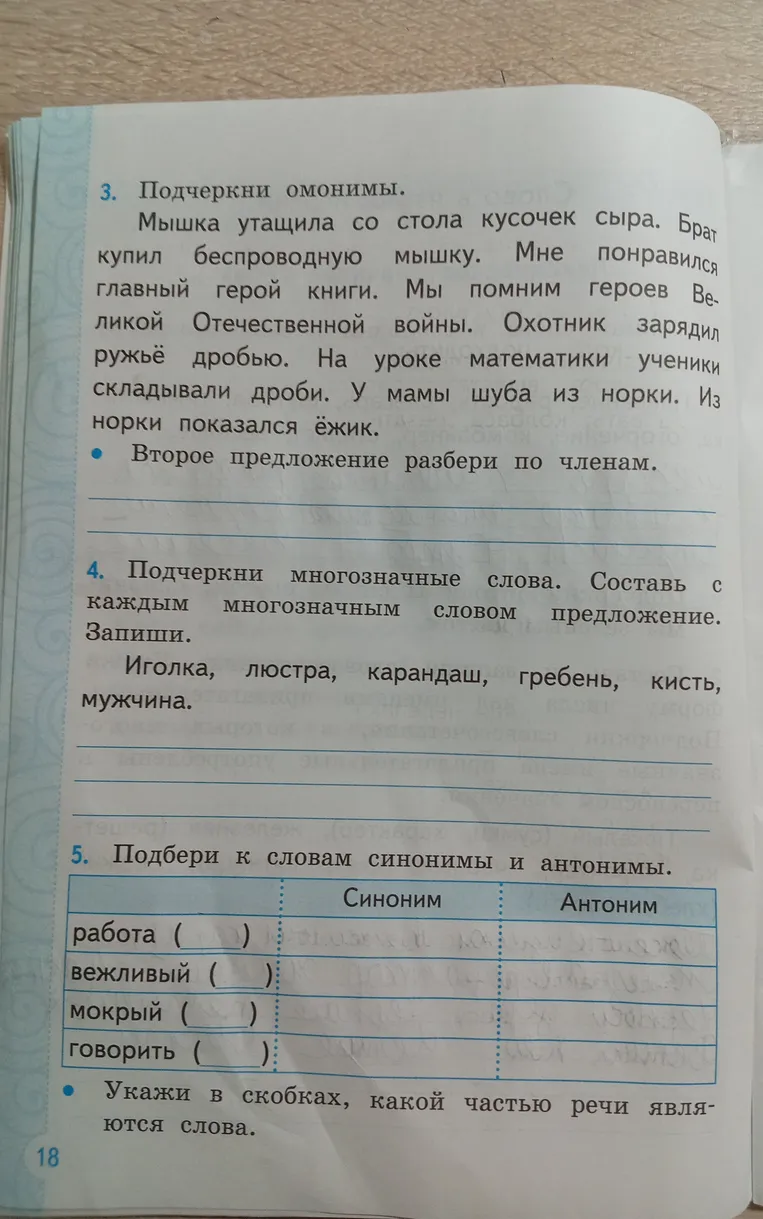 3. Подчеркни омонимы. Мышка утащила со стола кусочек сыра. Брат купил беспроводную мышку. Мне понравился главный герой книги. Мы помним героев Великой Отечественной войны. Охотник зарядил ружьё дробью. На уроке математики ученики складывали дроби. У мамы шуба из норки. Из норки показался ёжик.