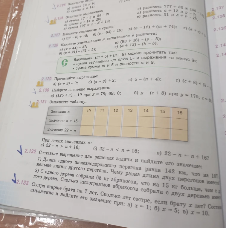 2.131 Заполните таблицу. При каких значениях n: а) 22 - n > n + 16; б) 22 - n < n + 16; в) 22 - n = n + 16?