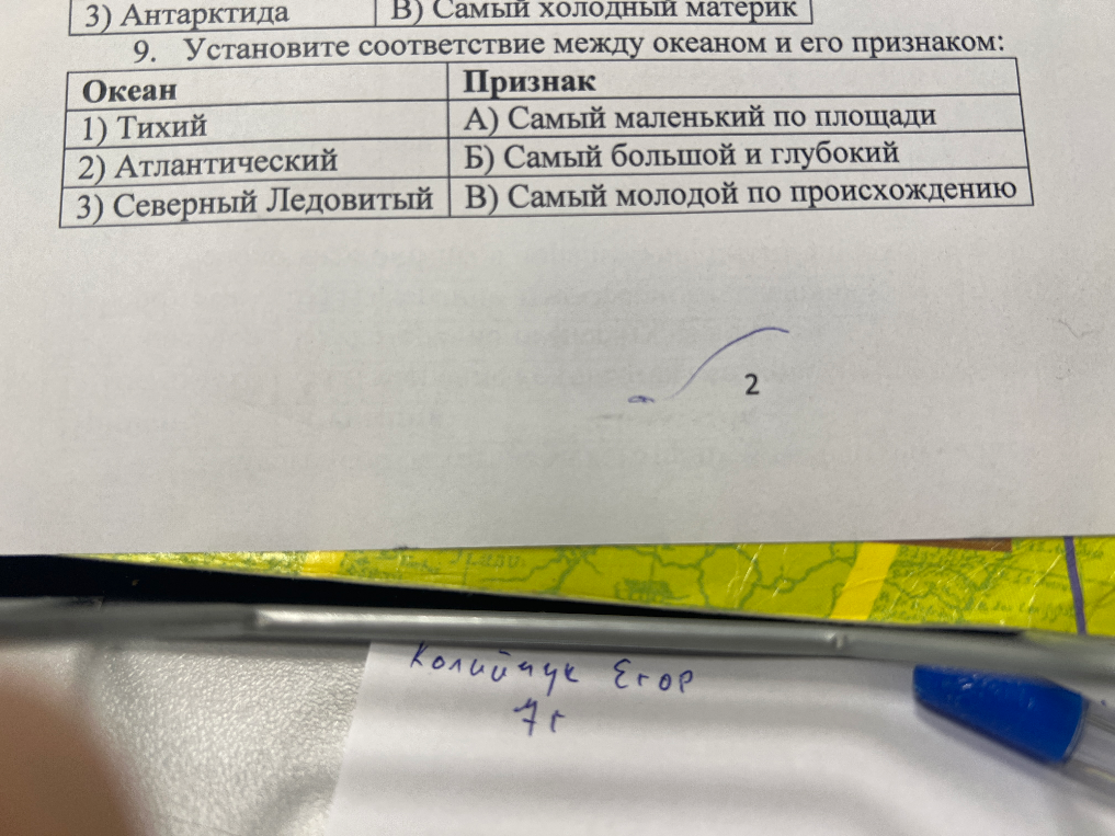 Установите соответствие между океаном и его признаком: