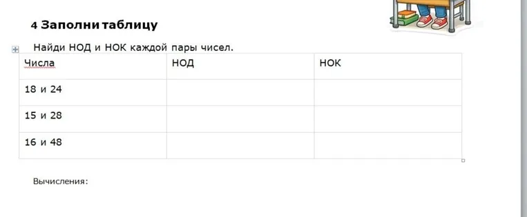 Заполни таблицу. Найди НОД и НОК каждой пары чисел.