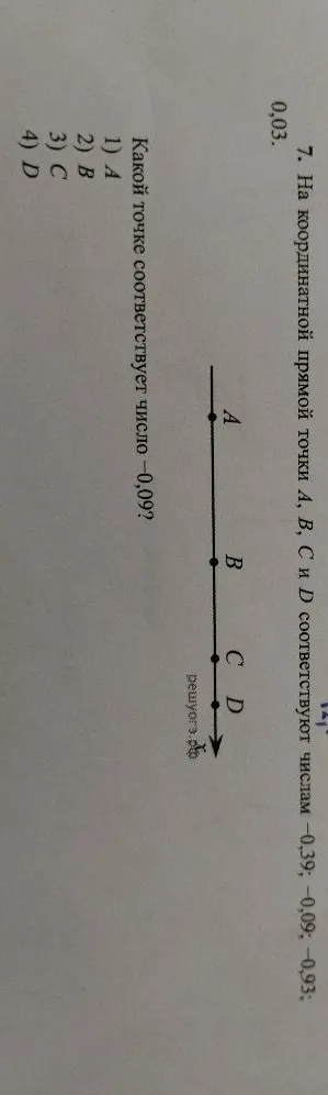 7. На координатной прямой точки A, B, C и D соответствуют числа -0,39; -0,09; -0,93; 0,03.