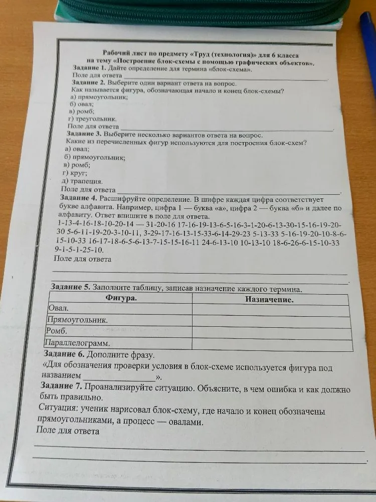 Рабочий лист по предмету «Труд (технология)» для 6 класса на тему «Построение блок-схемы с помощью графических объектов». Задание 1. Дайте определение для термина «блок-схема».