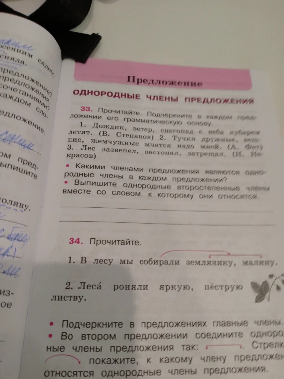 33. Прочитайте. Подчеркните в каждом предложении его грамматическую основу. 34. Подчеркните в предложениях главные члены.
