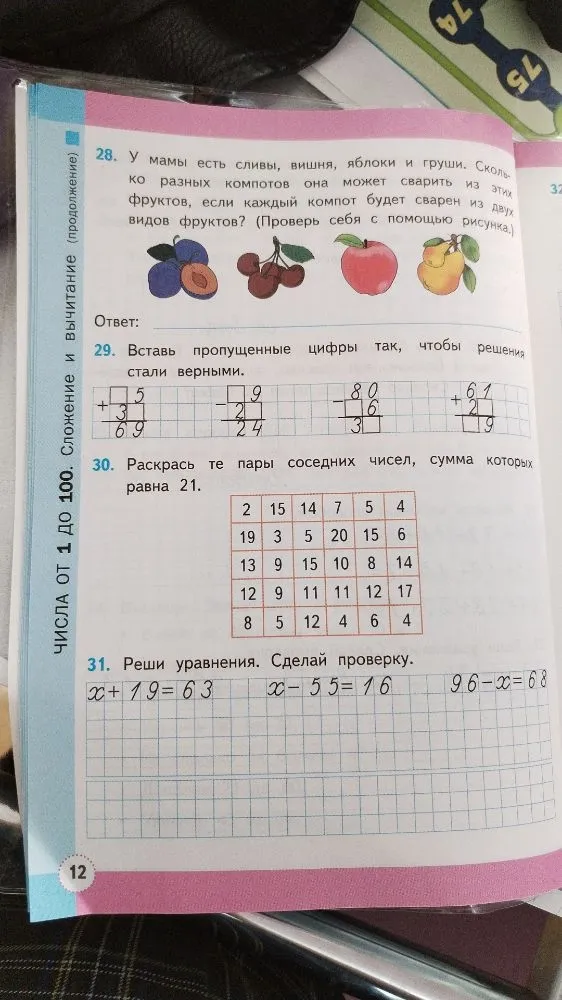28. У мамы есть сливы, вишня, яблоки и груши. Сколько разных компотов она может сварить из этих фруктов, если каждый компот будет сварен из двух видов фруктов? (Проверь себя с помощью рисунка.)