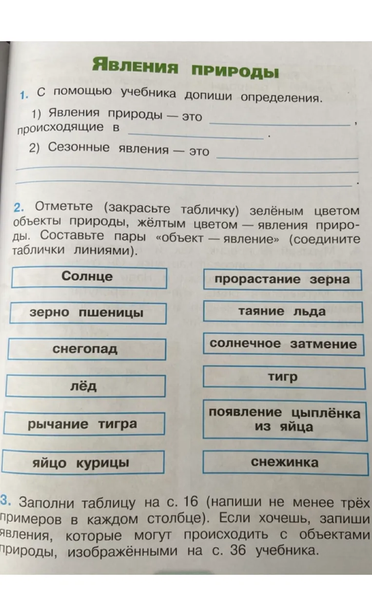 1. С помощью учебника допиши определения. 1) Явления природы — это ____________________, происходящие в ____________________.