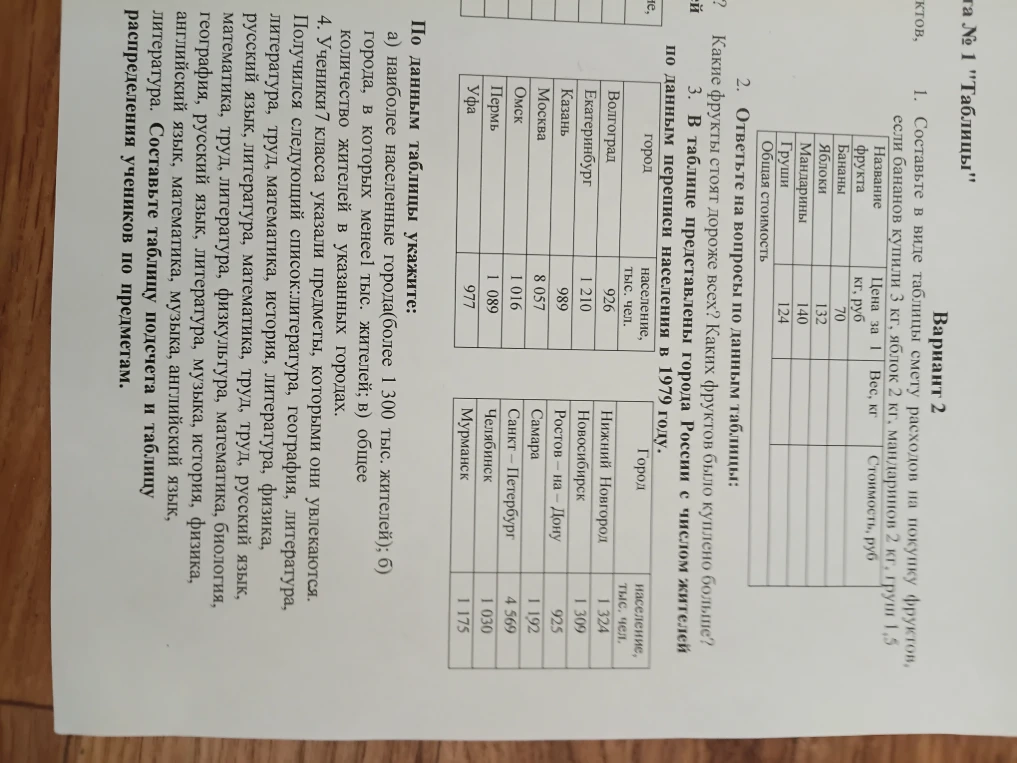 1. Составьте в виде таблицы смету расходов на покупку фруктов, если бананов купили 3 кг, яблок 2 кг, мандаринов 2 кг, груш 1,5