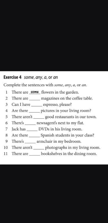Exercise 4 some, any, a, or an. Complete the sentences with some, any, a, or an.