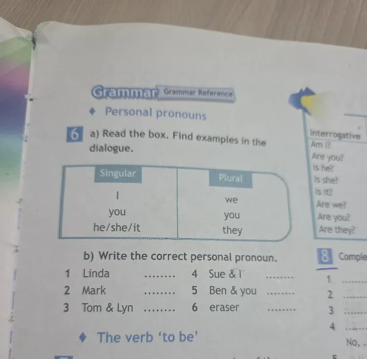 Write the correct personal pronoun. 1 Linda ........ 4 Sue & I ........ 2 Mark ........ 5 Ben & you ........ 3 Tom & Lyn ........ 6 eraser ........