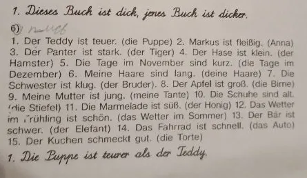 1. Der Teddy ist teuer. (die Puppe) 2. Markus ist fleißig. (Anna) 3. Der Panter ist stark. (der Tiger) 4. Der Hase ist klein. (der Hamster) 5. Die Tage im November sind kurz. (die Tage im Dezember) 6. Meine Haare sind lang. (deine Haare) 7. Die Schwester ist klug. (der Bruder). 8. Der Apfel ist groß. (die Birne) 9. Meine Mutter ist jung. (meine Tante) 10. Die Schuhe sind alt. (die Stiefel) 11. Die Marmelade ist süß. (der Honig) 12. Das Wetter im Frühling ist schön. (das Wetter im Sommer) 13. Der Bär ist schwer. (der Elefant) 14. Das Fahrrad ist schnell. (das Auto) 15. Der Kuchen schmeckt gut. (die Torte)