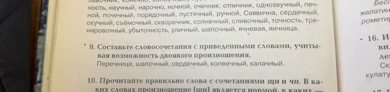 Составьте словосочетания с приведенными словами, учитывая возможность двоякого произношения. Перечница, шапочный, сердечный, копеечный, калачный.