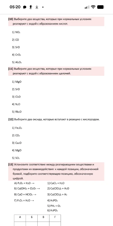 [10] Выберите два вещества, которые при нормальных условиях реагируют с водой с образованием кислот.