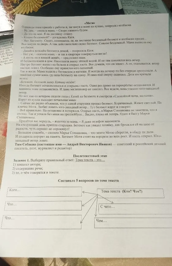 Задание 1. Выберите правильный ответ: Тема текста – это...