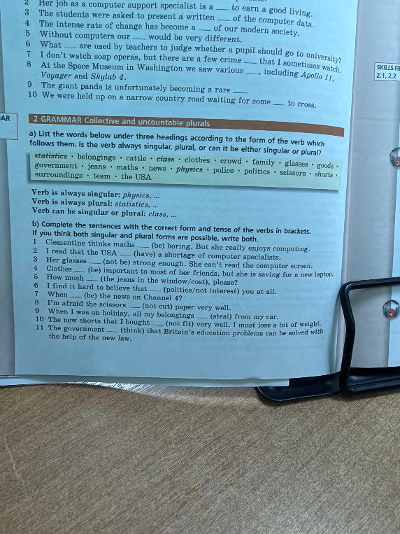 2 GRAMMAR Collective and uncountable plurals
b) Complete the sentences with the correct form and tense of the verbs in brackets.