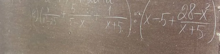 e) (x/(x^2-25) + 5/(5-x) + 1/(x+5)) : (x - 5 + (28-x^2)/(x+5))