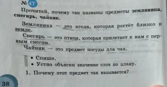 Прочитай, почему так названы предметы земляника, снегирь, чайник. Спиши. Устно объясни значение слов по плану.