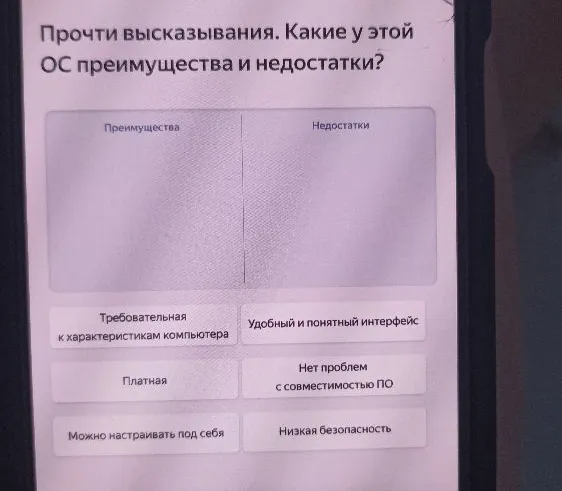 Прочти высказывания. Какие у этой ОС преимущества и недостатки?