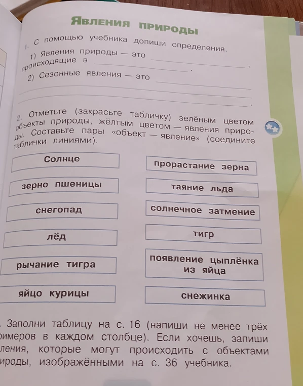 С помощью учебника допиши определения. 1) Явления природы — это происходящие в . 2) Сезонные явления — это .