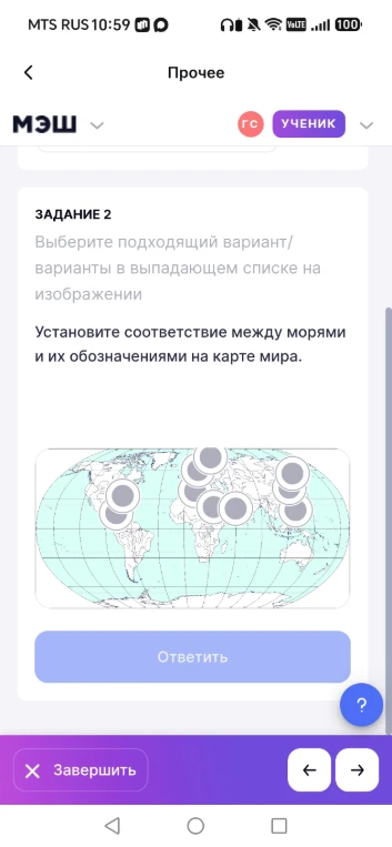 Задание 2. Выберите подходящий вариант/варианты в выпадающем списке на изображении. Установите соответствие между морями и их обозначениями на карте мира.