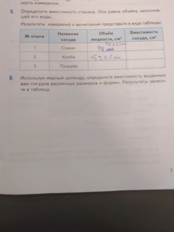 Определите вместимость стакана. Она равна объёму заполнившей его воды. Результаты измерений и вычислений представьте в виде таблицы: