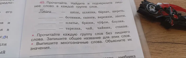 45. Прочитайте. Найдите и подчеркните лишнее слово в каждой группе слов.