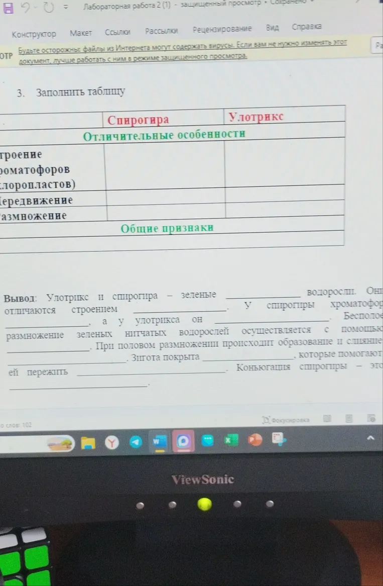 Вывод: Улотрикс и спирогира — зеленые __________ водоросли. Они отличаются строением __________.