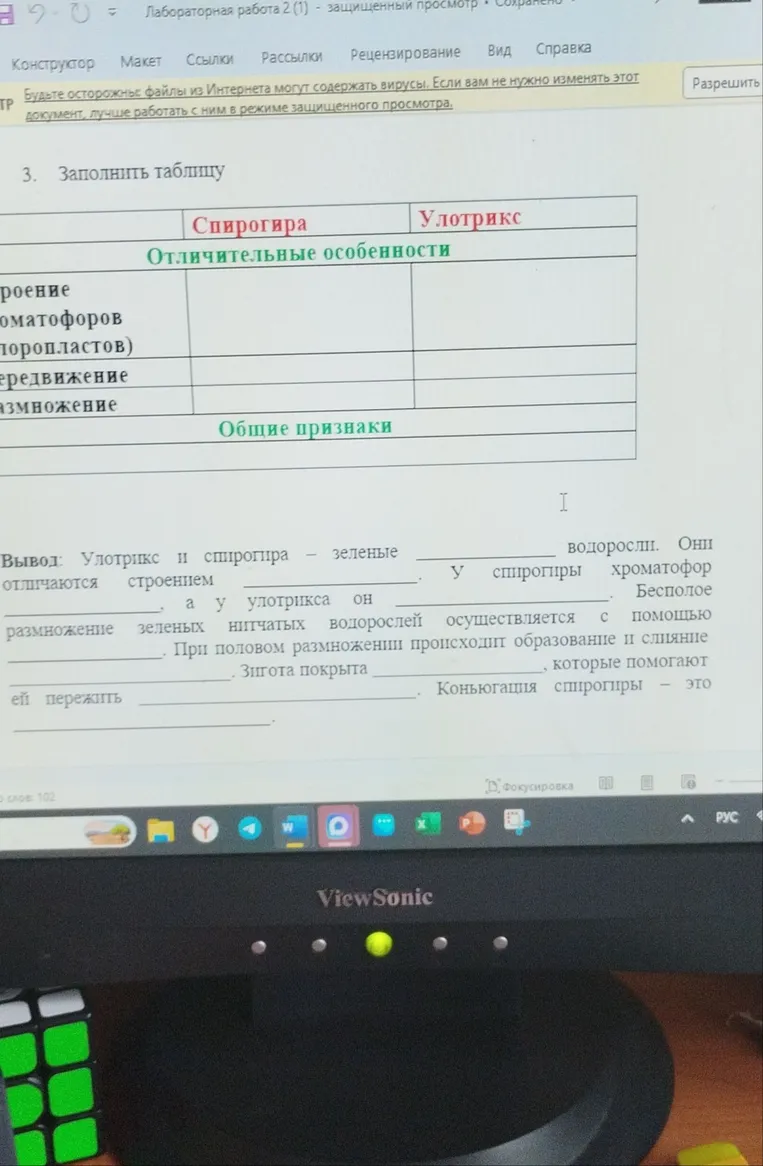 Вывод: Улотрикс и спирогира — зеленые ________ водоросли. Они отличаются строением ________. У спирогиры хроматофор ________, а у улотрикса он ________.