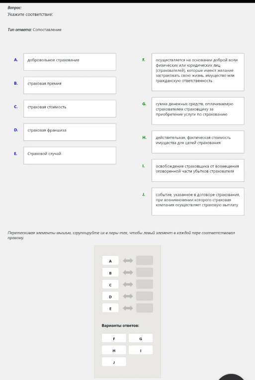 Укажите соответствие: добровольное страхование, страховая премия, страховая стоимость, страховая франшиза, страховой случай.