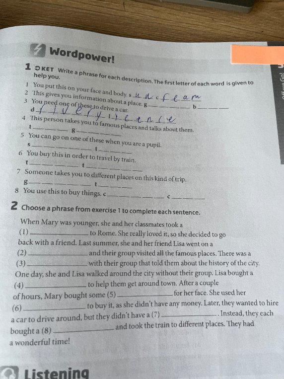 Write a phrase for each description. The first letter of each word is given to help you.