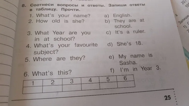 Соотнеси вопросы и ответы. Запиши ответы в таблицу. Прочти.