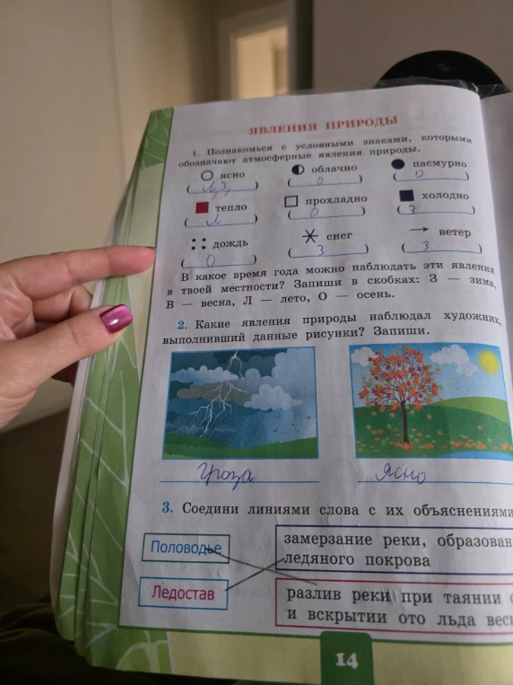 Познакомься с условными знаками, которыми обозначают атмосферные явления природы. В какое время года можно наблюдать эти явления в твоей местности?