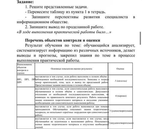 1. Решите представленные задачи. - Перенесите таблицу из пункта 1 в тетрадь. - Запишите перспективы развития специалиста в информационном обществе. 2. Запишите вывод по проделанной работе.
