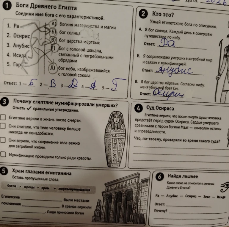 Боги Древнего Египта. Соедини имя бога с его характеристикой.