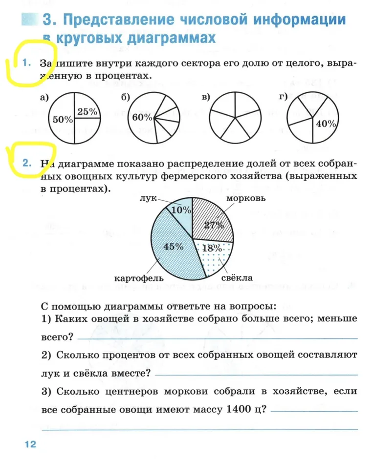3. Представление числовой информации в круговых диаграммах. 1. Запишите внутри каждого сектора его долю от целого, выраженную в процентах.