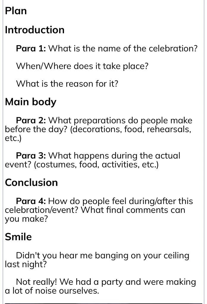 Plan: Introduction. Para 1: What is the name of the celebration? When/Where does it take place? What is the reason for it?