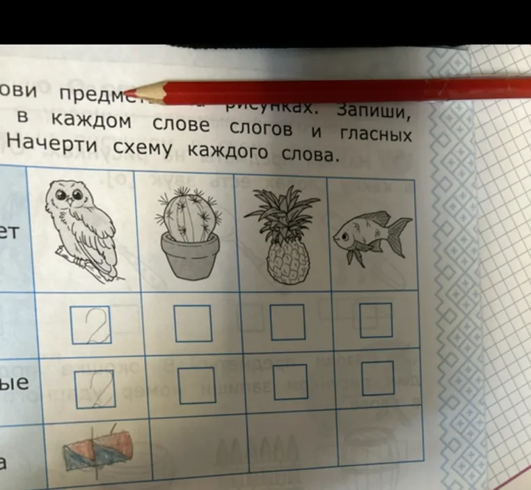 Назови предметы на рисунках. Запиши, сколько в каждом слове слогов и гласных. Начерти схему каждого слова.
