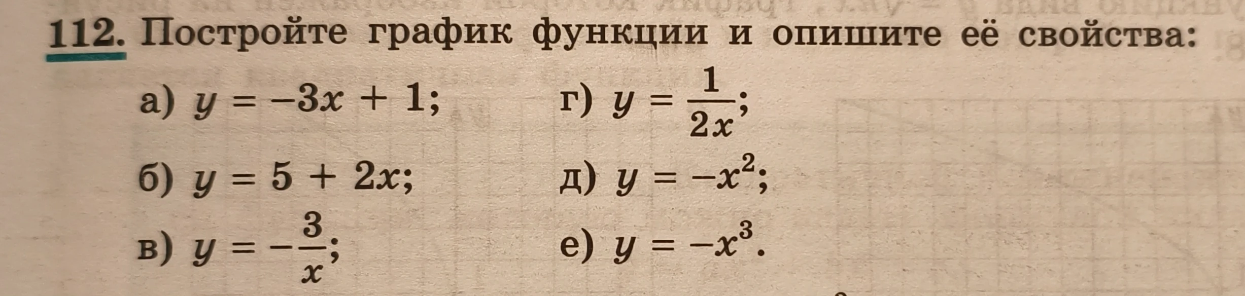 112. Постройте график функции и опишите её свойства: а) y = -3x + 1; б) y = 5 + 2x; в) y = -3/x; г) y = 1/2x; д) y = -x^2; е) y = -x^3.