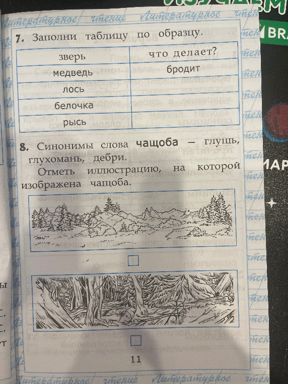 7. Заполни таблицу по образцу. 8. Синонимы слова чащоба — глушь, глухомань, дебри. Отметь иллюстрацию, на которой изображена чащоба.