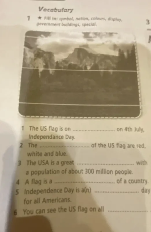 Fill in: symbol, nation, colours, display, government buildings, special.