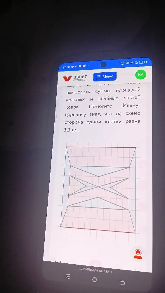Царевна-лягушка за ночь соткала волшебный ковёр, используя два цвета нитей: красный и зелёный... Помогите Ивану-царевичу зная, что на схеме сторона одной клетки равна 1,1 дм. Чему равна сумма площадей красных частей?