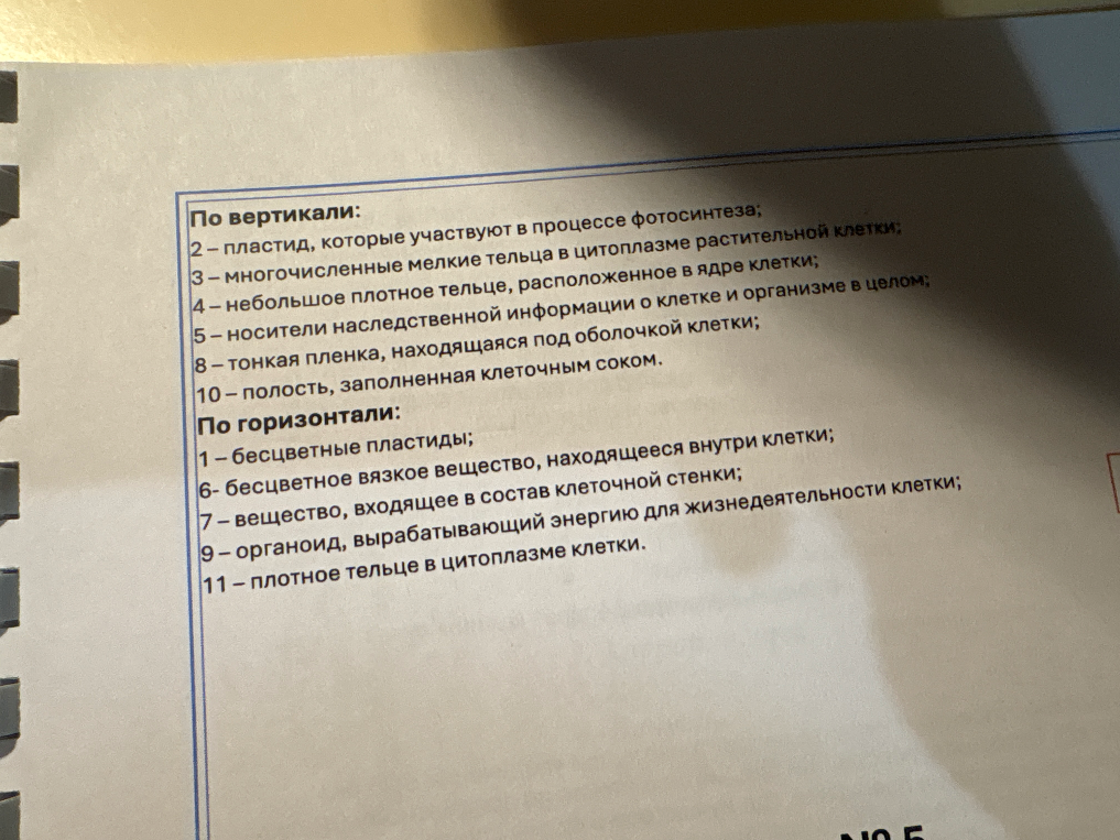 По вертикали: 2 – пластид, которые участвуют в процессе фотосинтеза; 3 – многочисленные мелкие тельца в цитоплазме растительной клетки; 4 – небольшое плотное тельце, расположенное в ядре клетки; 5 – носители наследственной информации о клетке и организме в целом; 8 – тонкая пленка, находящаяся под оболочкой клетки; 10 – полость, заполненная клеточным соком.