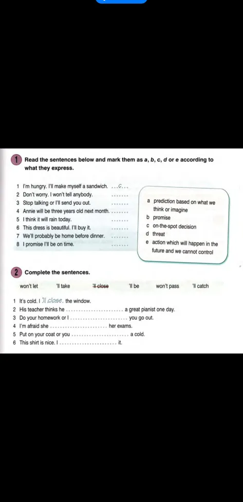 Read the sentences below and mark them as a, b, c, d or e according to what they express.