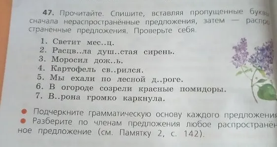 47. Прочитайте. Спишите, вставляя пропущенные буквы сначала нераспространённые предложения, затем — распространённые предложения. Проверьте себя.