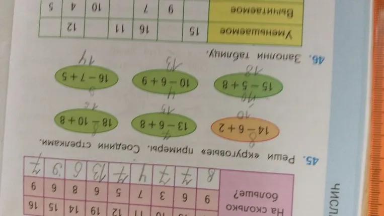 45. Реши «круговые» примеры. Соедини стрелками. 46. Заполни таблицу.